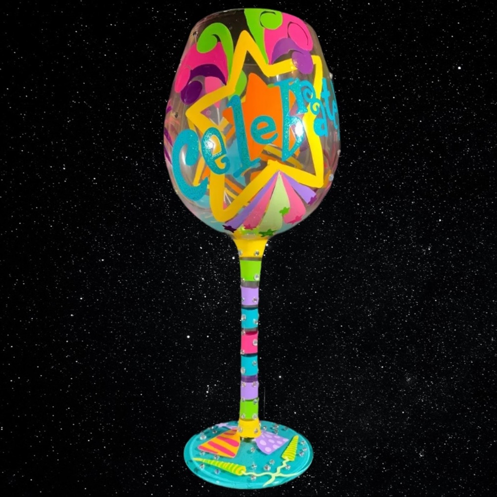 Lolita Love My Wine Hand Painted “Celebrate” Wine Glass 15 Oz